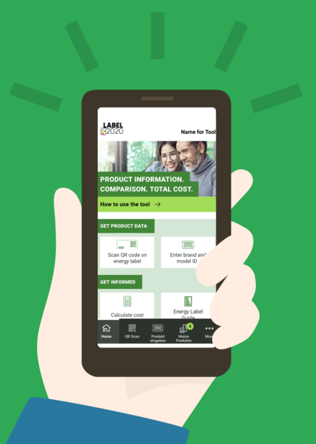 Hand hält Handy, auf der die App läuft